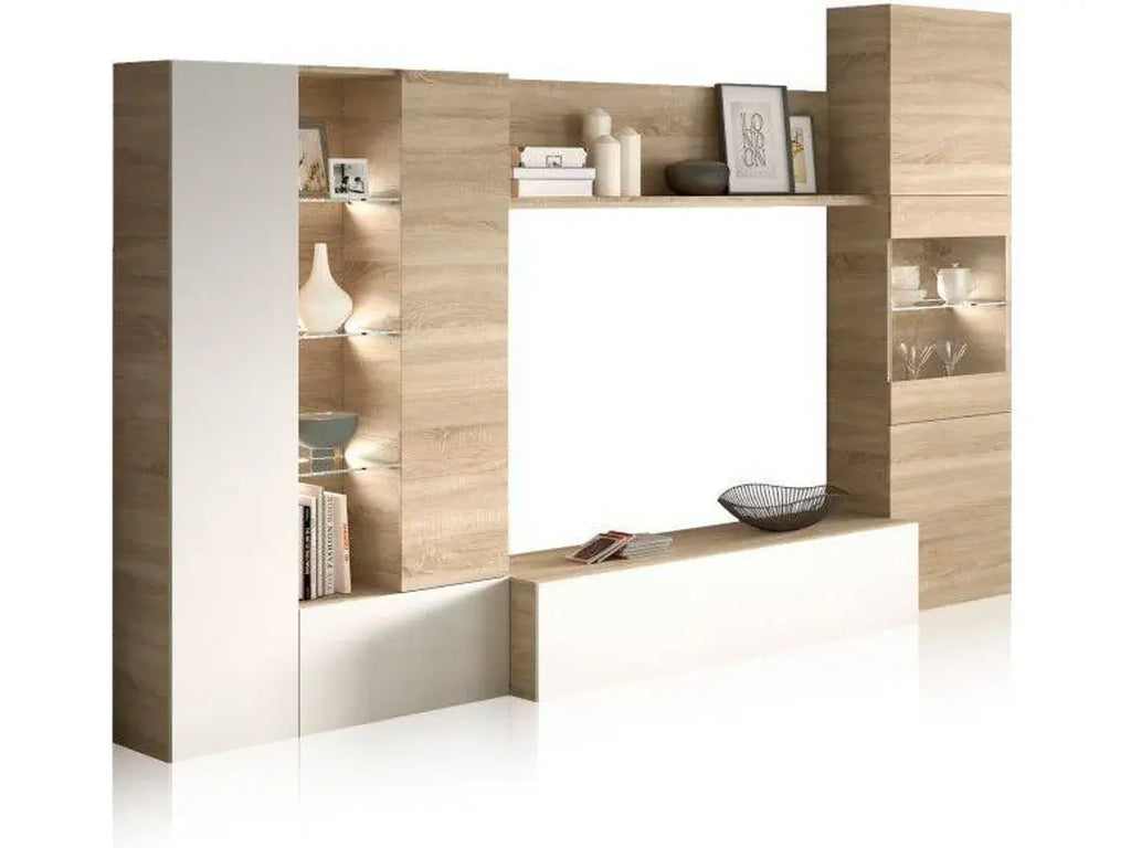Conjunto de Móveis de TV HABITDESIGN Essential (Branco - Carvalho - Madeira - 260x185x42 cm) WoW TV
