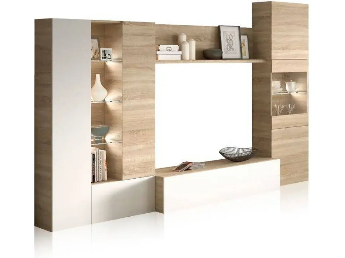 Conjunto de Móveis de TV HABITDESIGN Essential (Branco - Carvalho - Madeira - 260x185x42 cm) WoW TV