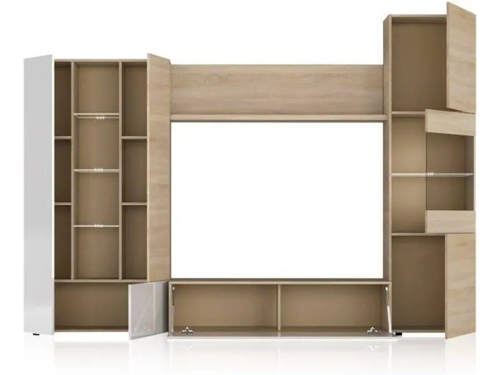 Conjunto de Móveis de TV HABITDESIGN Essential (Branco - Carvalho - Madeira - 260x185x42 cm) WoW TV
