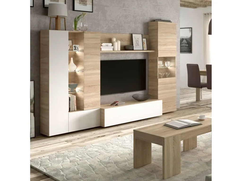 Conjunto de Móveis de TV HABITDESIGN Essential (Branco - Carvalho - Madeira - 260x185x42 cm) WoW TV