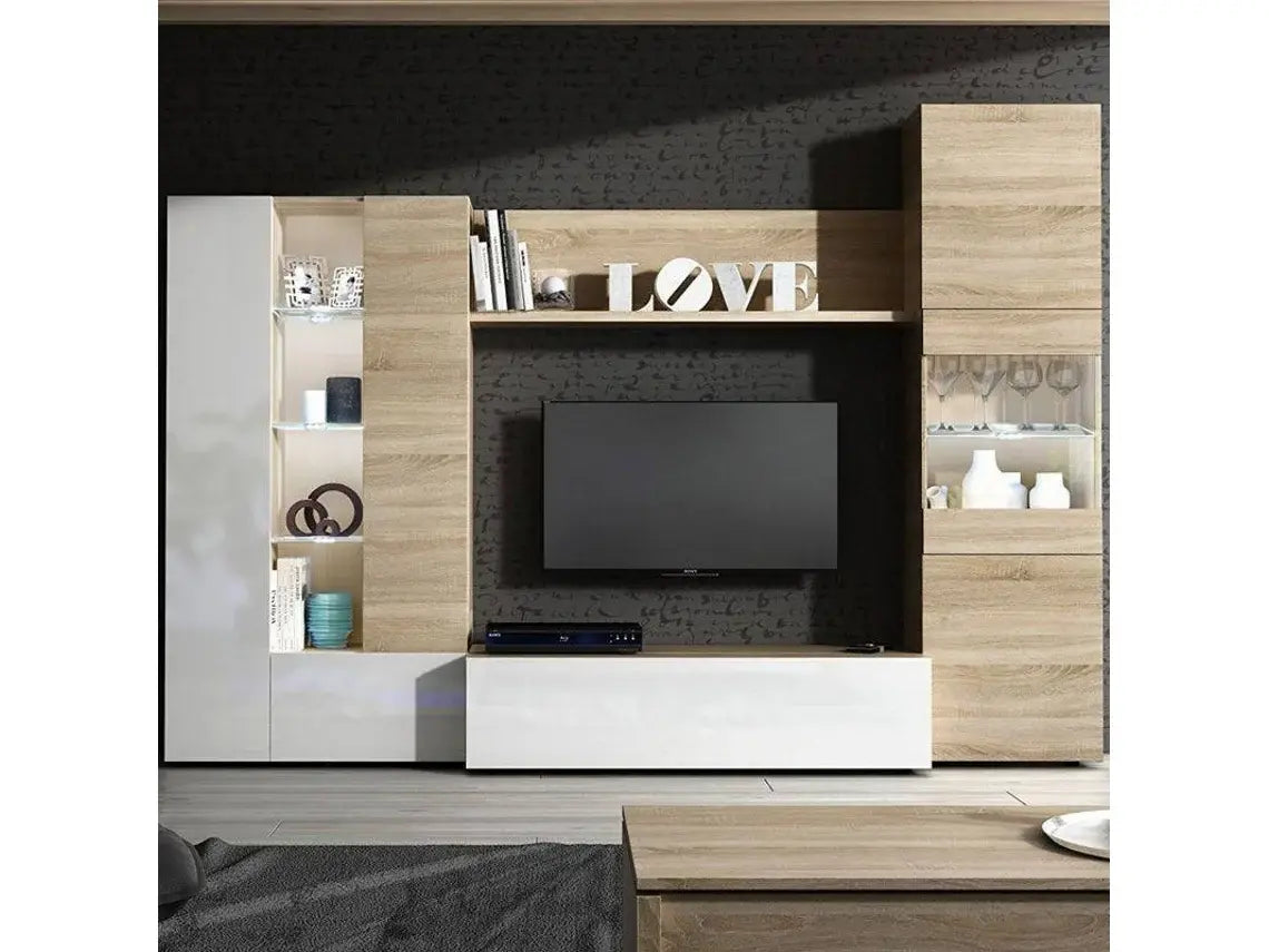 Conjunto de Móveis de TV HABITDESIGN Essential (Branco - Carvalho - Madeira - 260x185x42 cm) WoW TV