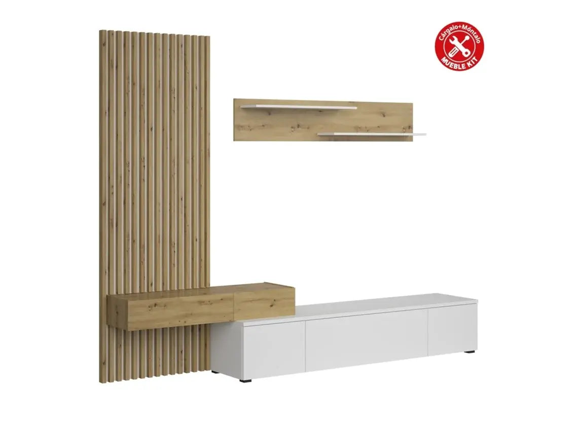 Conjunto De Jantar Com Mesa Tv E Painéis 250X200 Cm Branco E Carvalho VEPHOME WoW TV