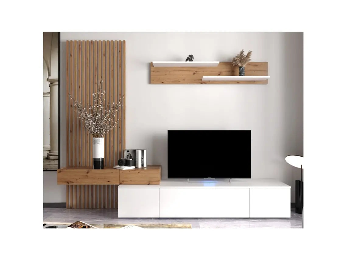 Conjunto De Jantar Com Mesa Tv E Painéis 250X200 Cm Branco E Carvalho VEPHOME WoW TV