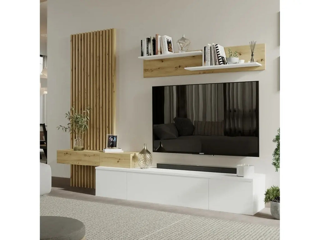 Conjunto De Jantar Com Mesa Tv E Painéis 250X200 Cm Branco E Carvalho VEPHOME WoW TV