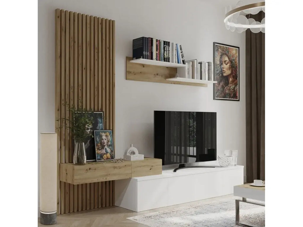 Conjunto De Jantar Com Mesa Tv E Painéis 250X200 Cm Branco E Carvalho VEPHOME WoW TV