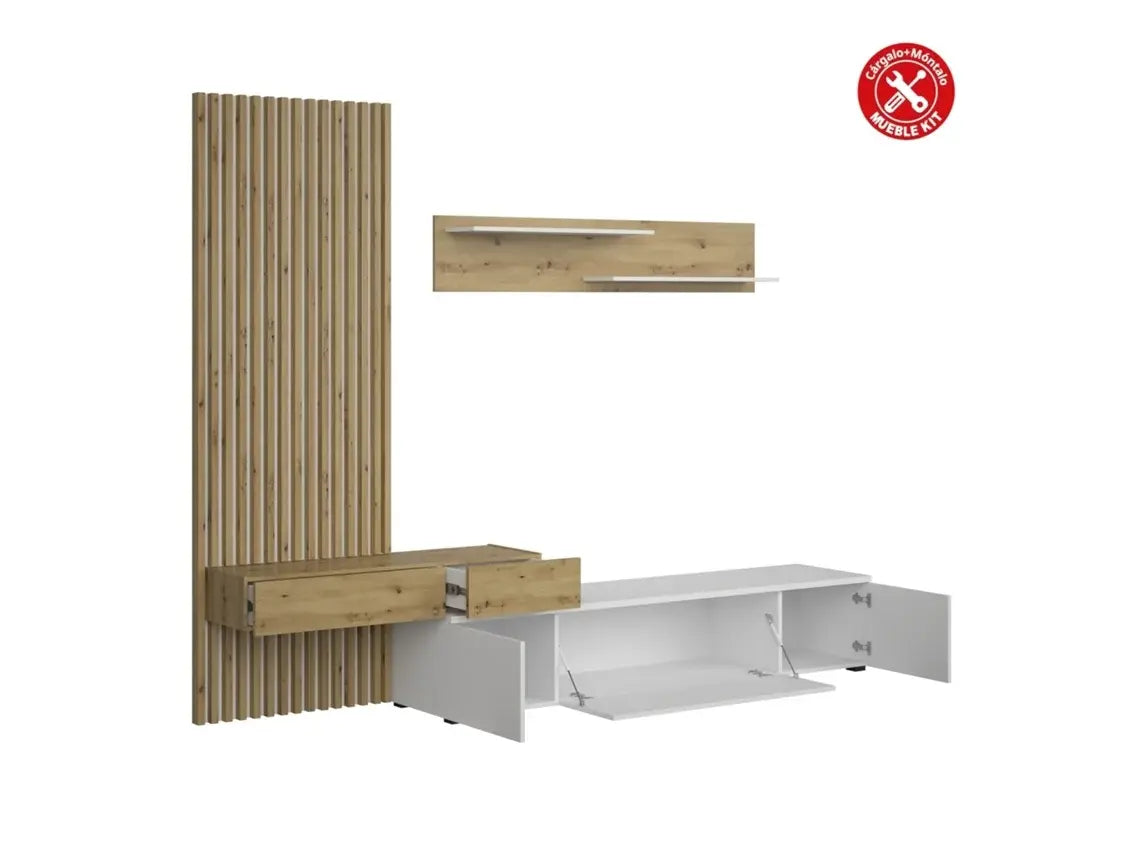 Conjunto De Jantar Com Mesa Tv E Painéis 250X200 Cm Branco E Carvalho VEPHOME WoW TV