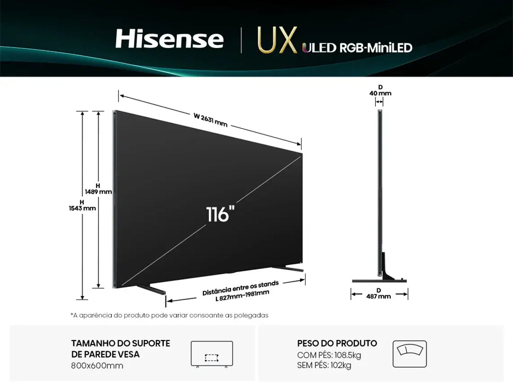 TV HISENSE 116UXQ (RGB-Mini LED - 116'' - 293 cm - Ultra HD - Smart TV AI) WoW TV