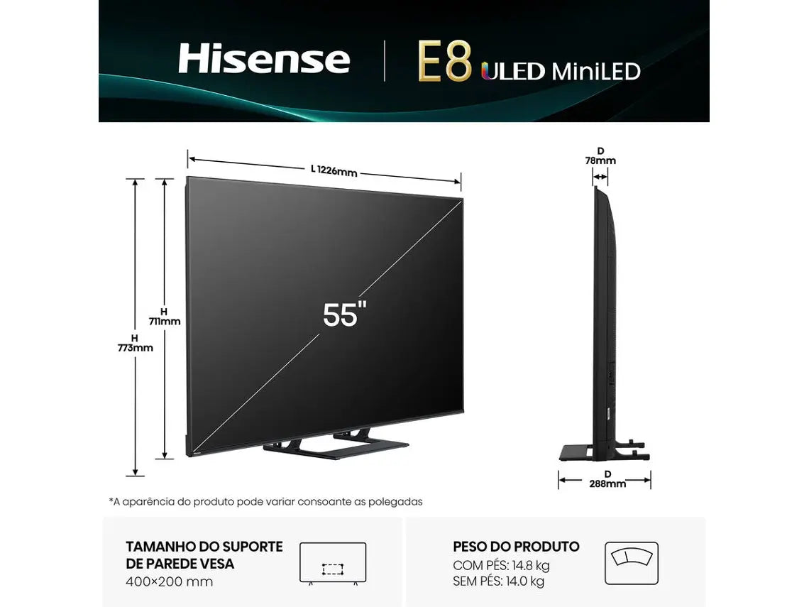 TV HISENSE 55E8Q (Mini LED 144 Hz - 55'' - 139 cm - 4k Ultra HD - Smart TV) WoW TV